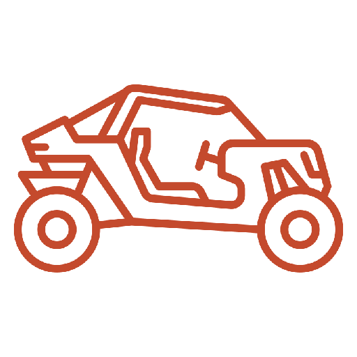 Red line drawing of an off-road vehicle side view.